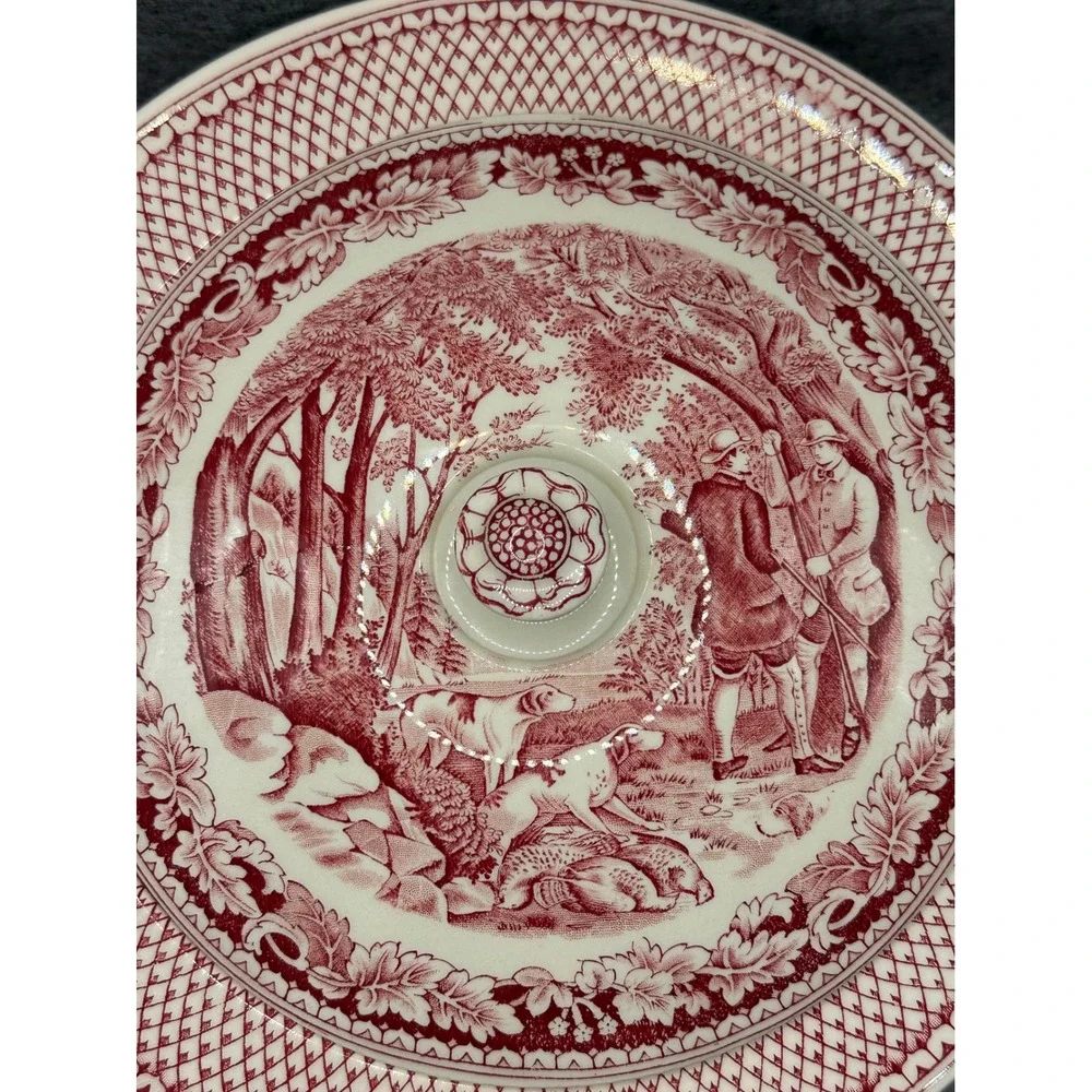 Homer Laughlin Currier & Ives Red Transferware Covered Bowl Husking Partridge